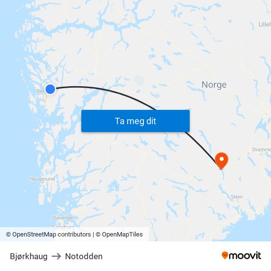 Bjørkhaug to Notodden map