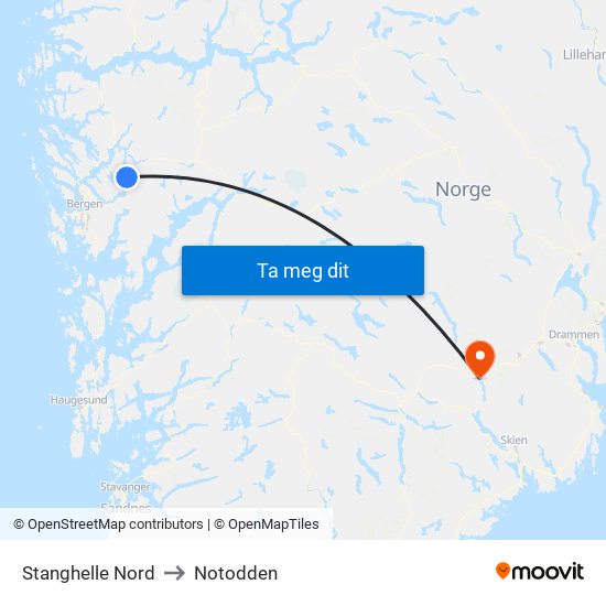 Stanghelle Nord to Notodden map