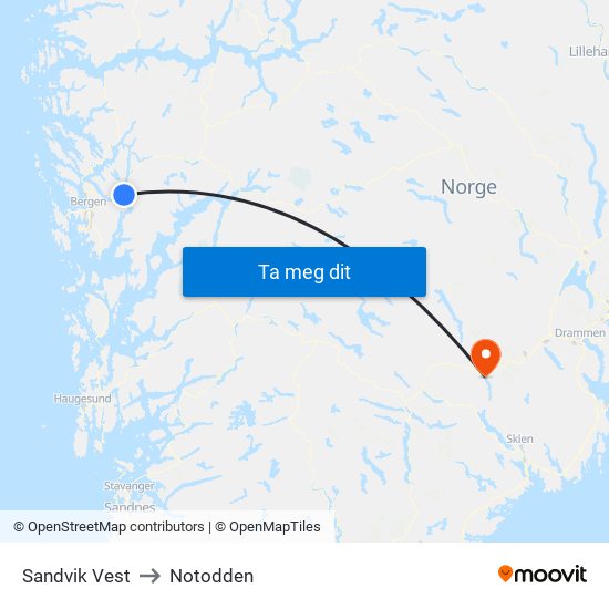 Sandvik Vest to Notodden map