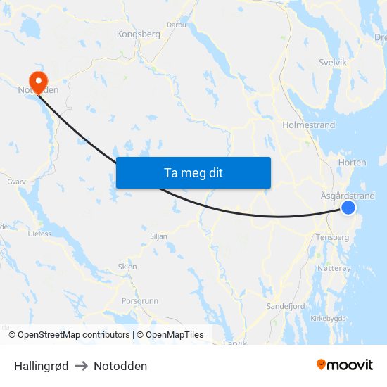 Hallingrød to Notodden map