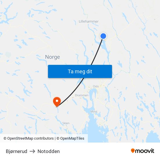 Bjørnerud to Notodden map