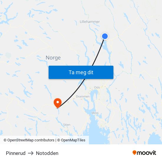 Pinnerud to Notodden map