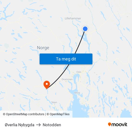 Øverlia Nybygda to Notodden map