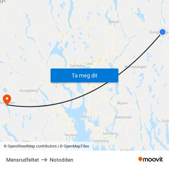 Mensrudfeltet to Notodden map