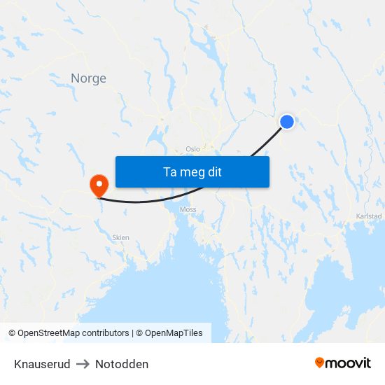 Knauserud to Notodden map