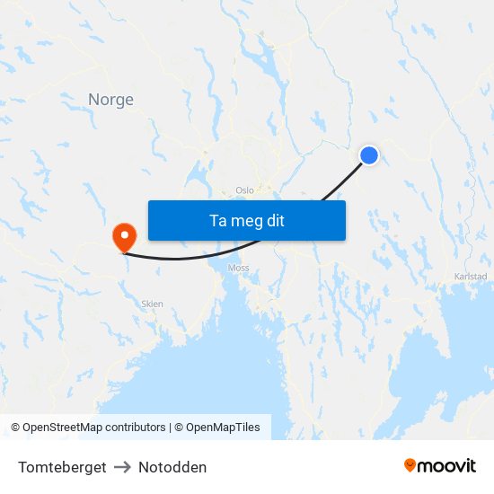Tomteberget to Notodden map