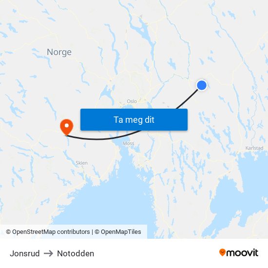 Jonsrud to Notodden map