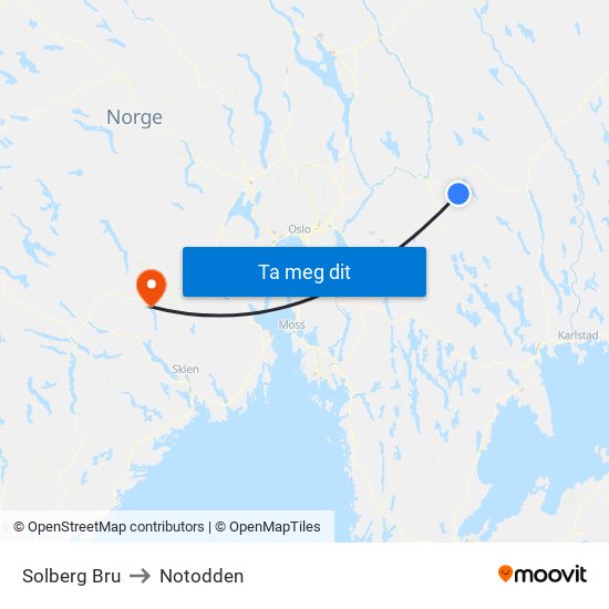 Solberg Bru to Notodden map