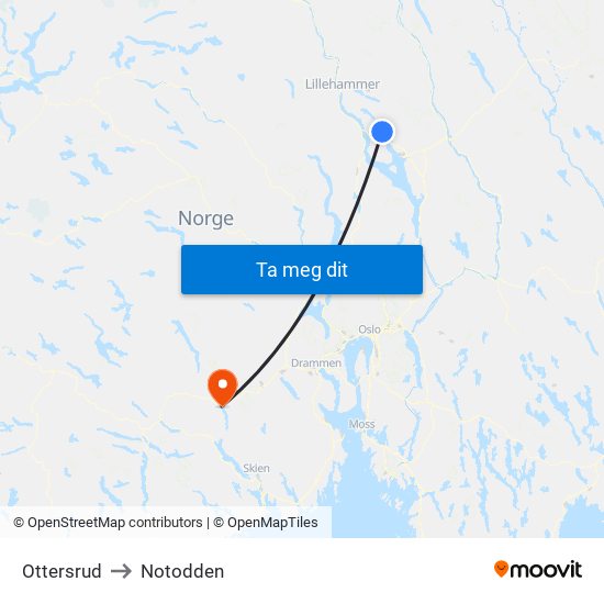 Ottersrud to Notodden map