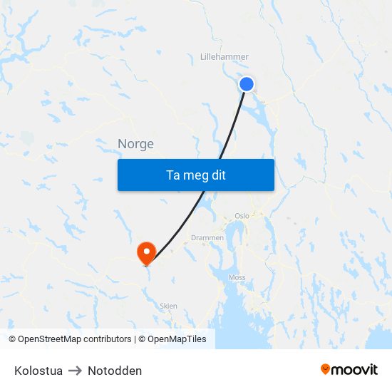 Kolostua to Notodden map