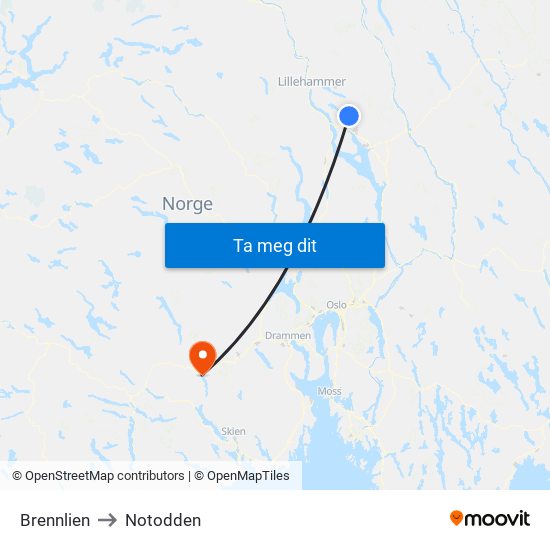 Brennlien to Notodden map