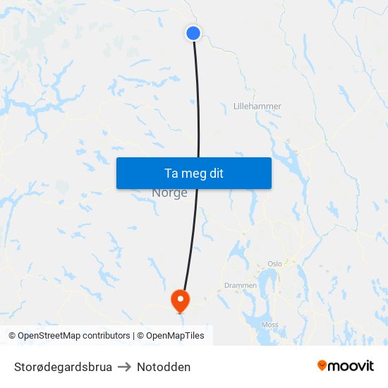 Storødegardsbrua to Notodden map