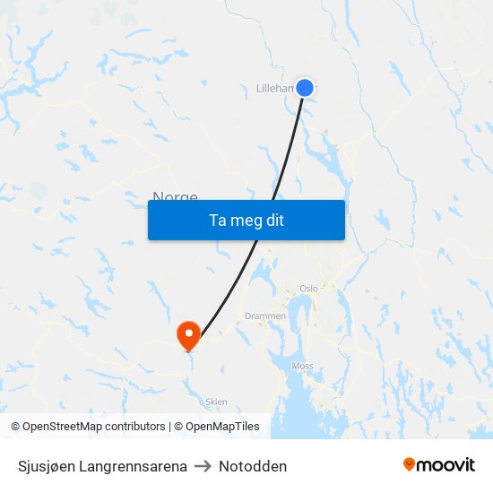 Sjusjøen Langrennsarena to Notodden map