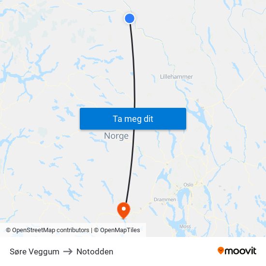 Søre Veggum to Notodden map