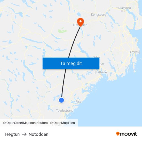 Høgtun to Notodden map