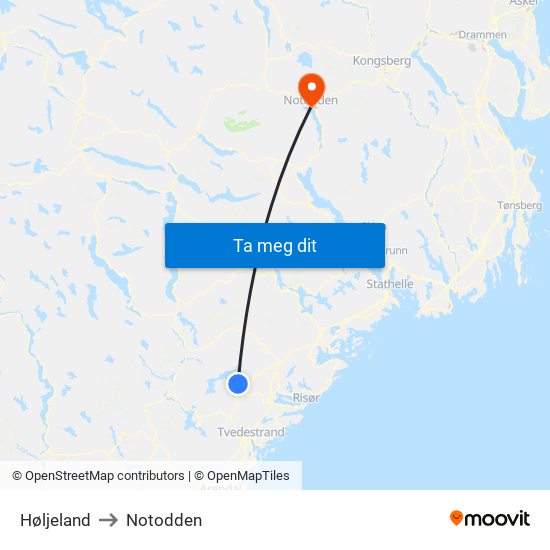 Høljeland to Notodden map
