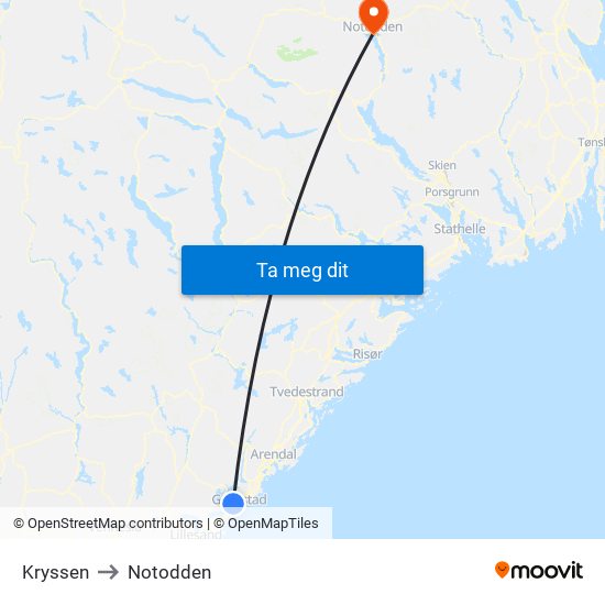 Kryssen to Notodden map