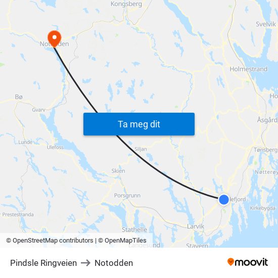 Pindsle Ringveien to Notodden map