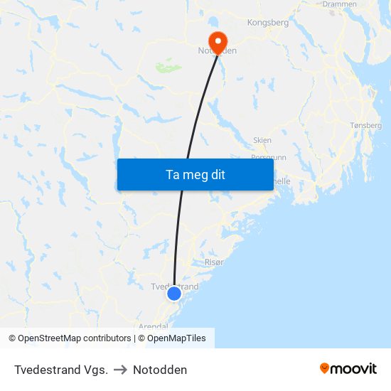 Tvedestrand Vgs. to Notodden map