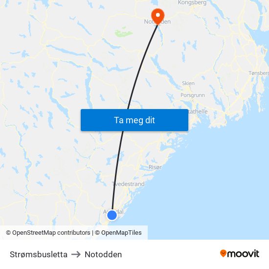 Strømsbusletta to Notodden map