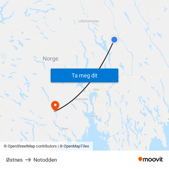 Østnes to Notodden map