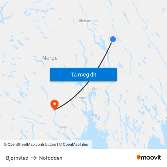 Bjørnstad to Notodden map