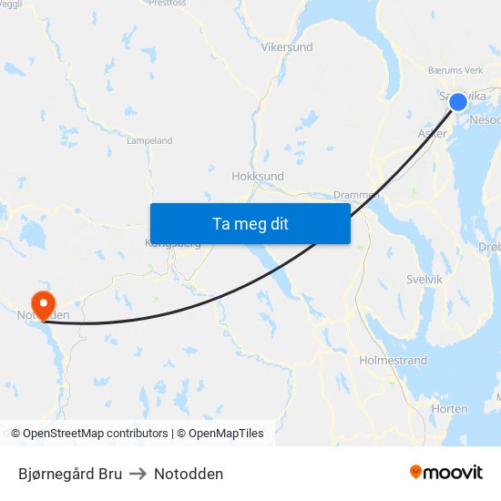 Bjørnegård Bru to Notodden map