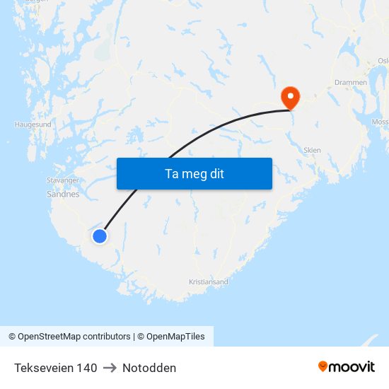 Tekseveien 140 to Notodden map