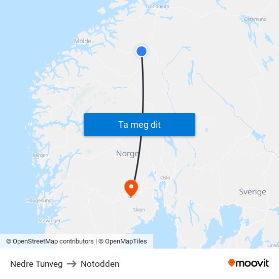 Nedre Tunveg to Notodden map