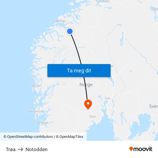 Trøa to Notodden map