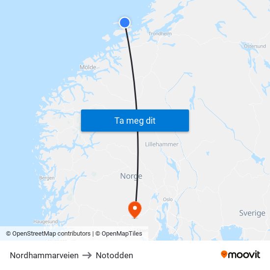 Nordhammarveien to Notodden map