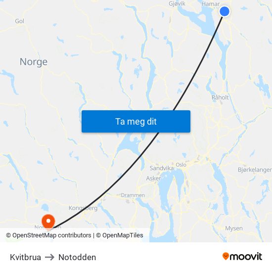 Kvitbrua to Notodden map