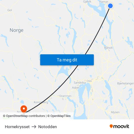 Hornekrysset to Notodden map