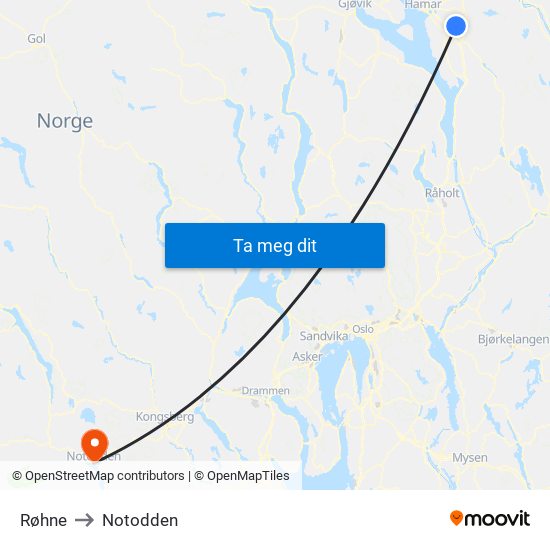 Røhne to Notodden map