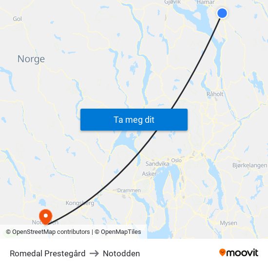 Romedal Prestegård to Notodden map