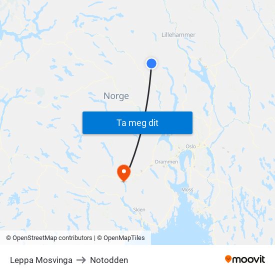 Leppa Mosvinga to Notodden map