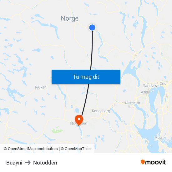 Buøyni to Notodden map