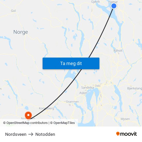Nordsveen to Notodden map