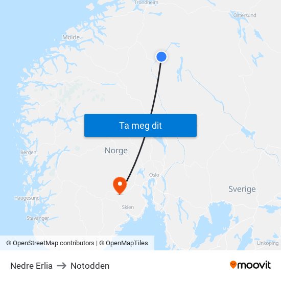 Nedre Erlia to Notodden map