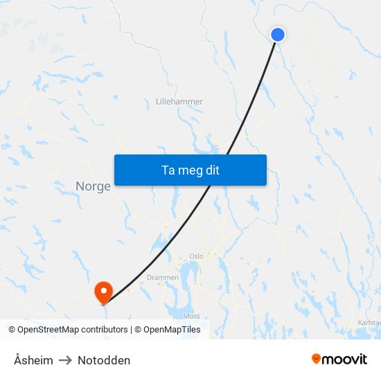 Åsheim to Notodden map