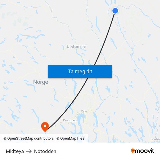 Midtøya to Notodden map