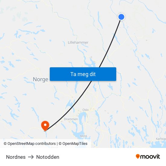 Nordnes to Notodden map