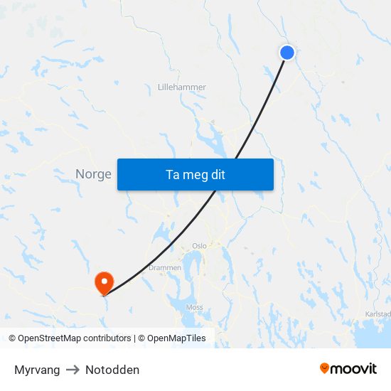 Myrvang to Notodden map