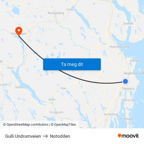 Gulli Undrumveien to Notodden map
