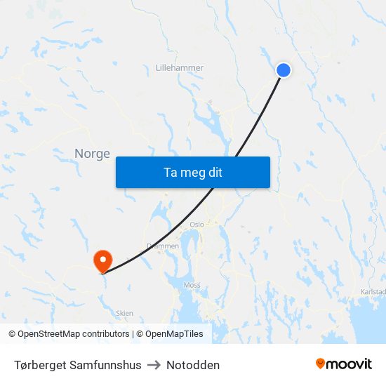 Tørberget Samfunnshus to Notodden map