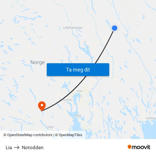 Lia to Notodden map