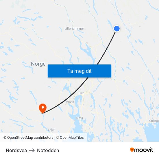 Nordsvea to Notodden map