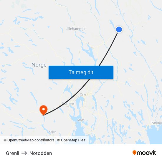 Grønli to Notodden map