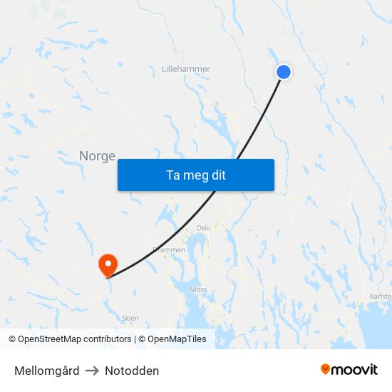 Mellomgård to Notodden map