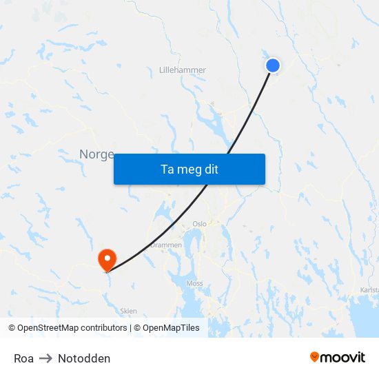 Roa to Notodden map